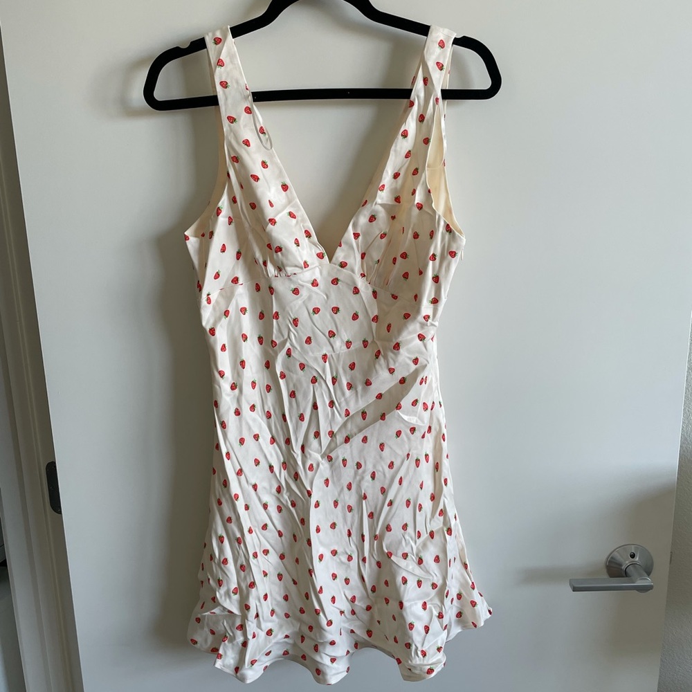 Zara strawberry print satin effect mini dress.
